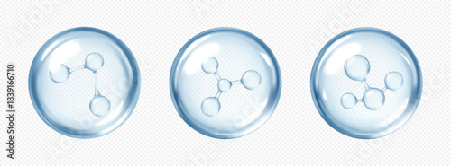 Molecules inside bubbles. Collagen serum bubble. Cosmetic essence. Hyaluronic acid. Skincare product. Concept skin care cosmetics solution. Vector 3d illustration