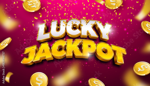 Casino Illustration with 3d Golden Lucky Jackpot Text Label and Playing Chips on Red Background. Vector Luxury Gambling Design with Falling Confetti for Flyer, Invitation, Greeting Card, Banner or