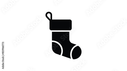Simple black silhouette icon of a christmas stocking hanging on a white background