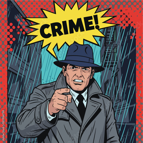 Retro detective pointing finger with aggressive expression and CRIME text