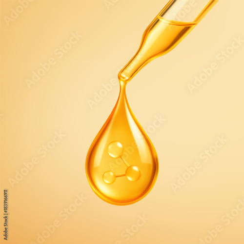 Golden oil drop with molecule inside falling from pipette. Cosmetic pipette with essence. Skincare concept. Vector illustration