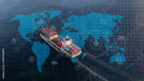 Aerial top view containers ship cargo business commercial logistic and transportation international import export by container freight cargo ship in the open seaport show ocean network on map