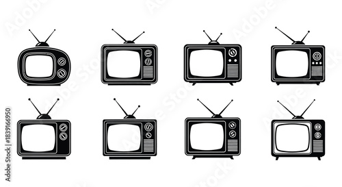 A collection of vintage television sets displayed in a grid arrangement