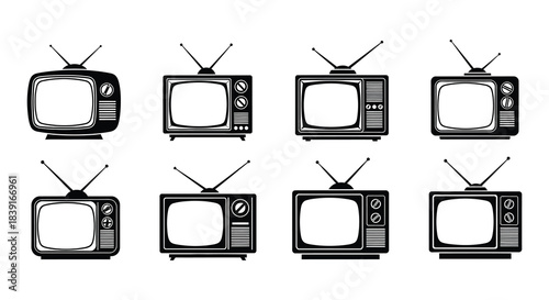 A collection of vintage television sets displayed in a grid arrangement