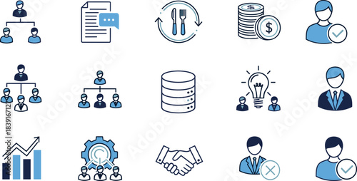 Vector illustration of 16 business icons—symbols for management, teamwork, data, finance, communication, leadership, decision-making, and organizational strategy reference