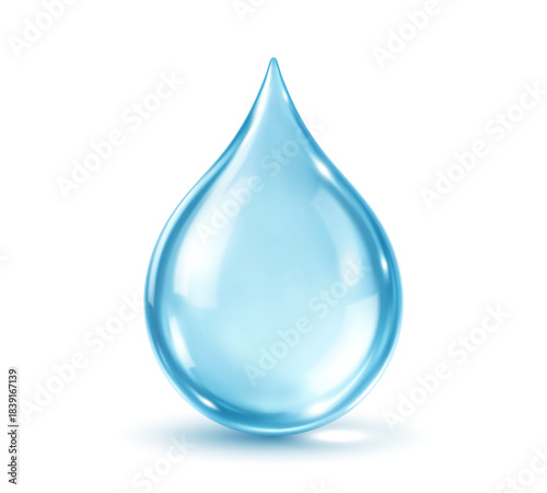 Realistic water drop isolated on white background. Blue cosmetic serum drop. Vector illustration