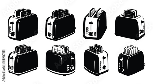 An arrangement of diverse toaster designs shown in a monochrome, illustrative style.