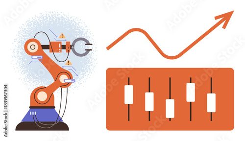 Robotic arm performing task alongside a rising line graph and candlestick chart. Ideal for automation, technology, financial growth, innovation, data analysis, market trends, simple flat metaphor
