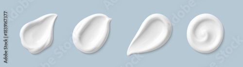 Cosmetic smears of creamy texture isolated on blue background. Set of cosmetic cream swatches. Cosmetic skin care product. Vector realistic illustration