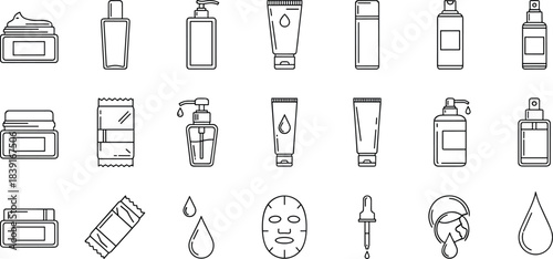 Vector illustration of 20 skincare icons—cosmetic product symbols for beauty, wellness, self-care, packaging, hygiene, and personal care reference