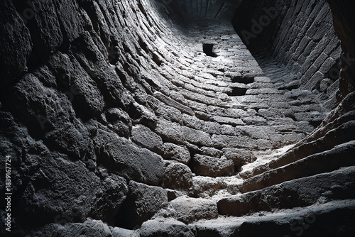 Ancient well structure made of rough stones with sunlight filtering down a steep shaft