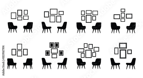 Black and white graphic showing chairs paired with various wall art arrangements.