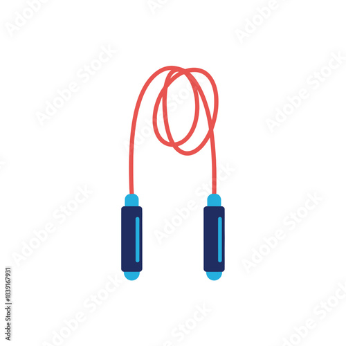 Red jump rope with blue handles on white background