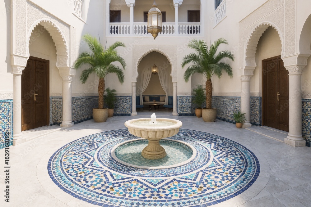 Naklejka premium Traditional Moroccan courtyard with mosaic fountain, arched doorways, palm trees, and intricate wall tiles in bright daylight ambiance. Ai generative