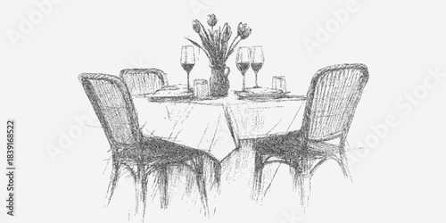 Graphic drawing of a table in a cafe, detailed with stipple grain, faint dust and subtle stains for a nostalgic hand-drawn effect.