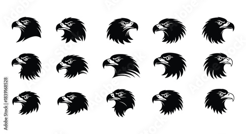 A variety of black eagle head silhouettes, all facing sideways, creating a powerful visual.