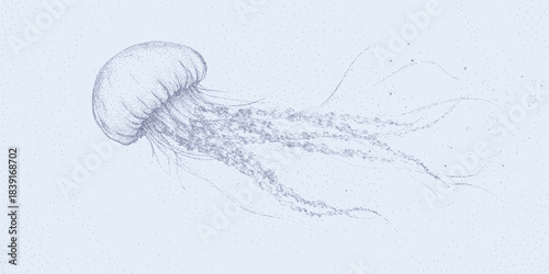 Blue background with jellyfish, fine grain texture, subtle dust overlays and faint worn marks on aged paper with light distress.