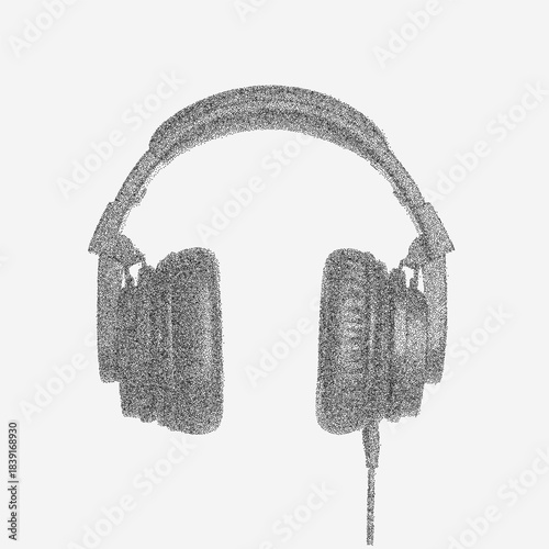 Podcast theme music headphones drawn with gritty threshold lines, textured speckles, dust and faded scratches across rough aged surface with paper grain.