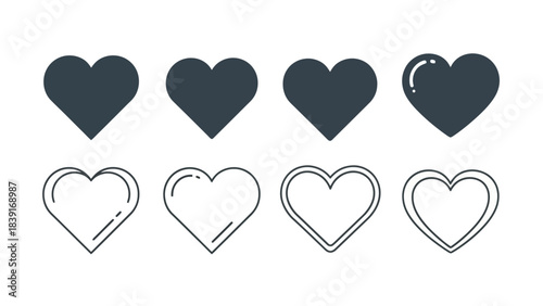 Set of eight heart icons, solid and outline styles, in a dark blue color