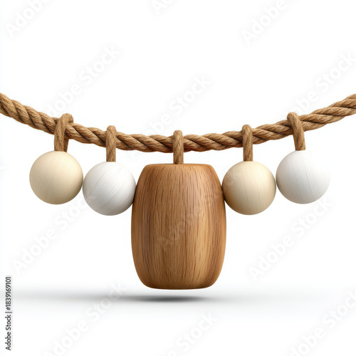 Wooden farmhouse Christmas decor with 3d illustration style features natural rope and smooth round shapes creating warm festive atmosphere