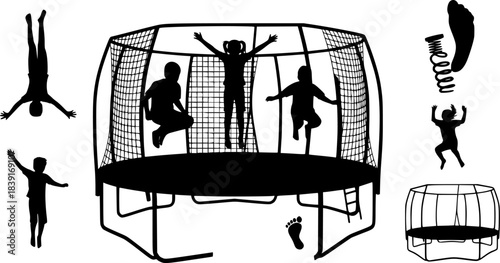 trampoline, trampoline silhouette, kids jumping, jumping, jumping people, jumping children, sports, fitness, trampoline bundle, silhouette, clipart, svg, cut file