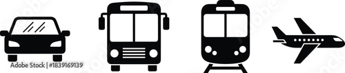 Vector illustration of car, bus, train, and airplane icons—transportation reference for travel, transit, mobility, public transport, and logistics design