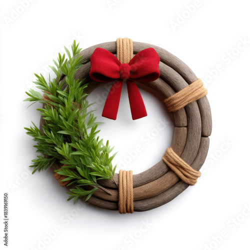 Farmhouse style Christmas wreath decorated with green foliage and red bow in 3d illustrator design for festive decor
