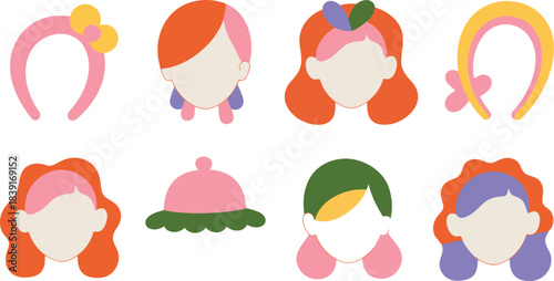 Collection of abstract faceless female portraits with colorful hair and accessories avatar background