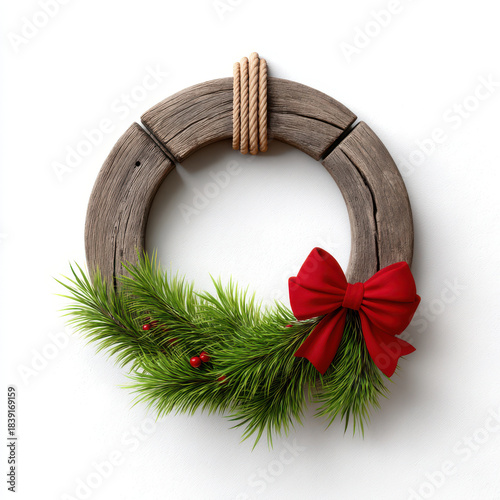 Wooden farmhouse wreath decorated with christmas greenery and red bow in 3d illustrator style perfect for cozy holiday decor