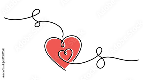 Continuous Drawing of Two Red Hearts Intertwined with Flowing Black Lines