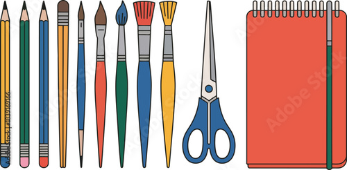 Collection of art supplies including pencils paintbrushes scissors and a sketchbook vector