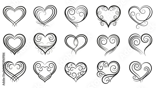 Elegant Black and White Heart Illustrations Set, Decorative Swirl Designs