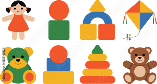 Collection of colorful cartoon toys including a doll teddy bears kite and building blocks vector