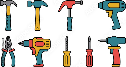 Collection of colorful cartoon style hand tools and power tools on white background hammer screwdriver