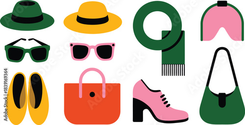 Collection of colorful flat design fashion accessories including hats sunglasses shoes and bags