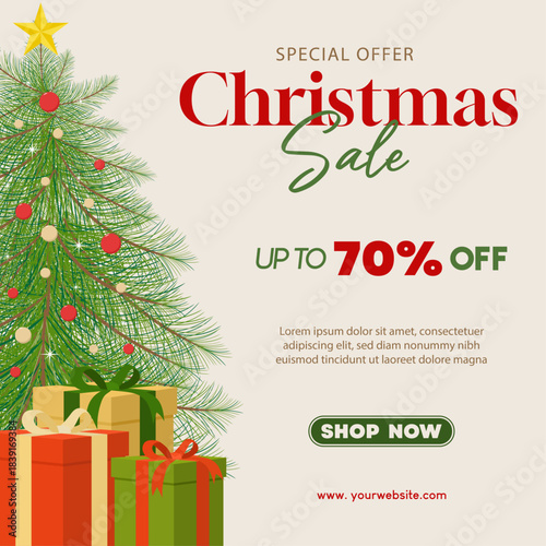 Christmas special offer with Christmas tree and presents. Vector illustration Christmas sale template for social media promotion, banner, poster and shopping event. 