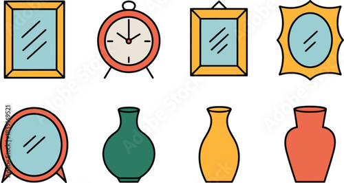 Collection of decorative objects including mirrors alarm clock and vases vector