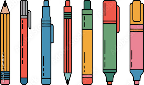 Collection of colorful writing and drawing instruments including pencils pens and markers vector