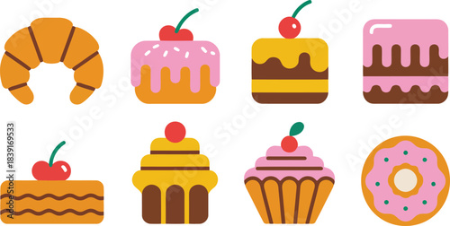 Collection of eight colorful cartoon pastries including croissant cakes and donut pastry dessert