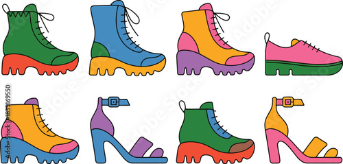 Collection of eight colorful cartoon style footwear illustrations including boots sneakers and sandals