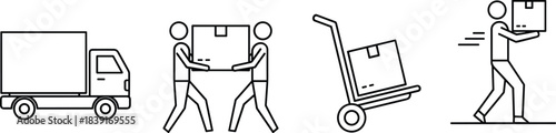 Vector illustration of delivery and handling icons—truck, box, dolly, and courier for shipping, logistics, transport, service, and packaging reference