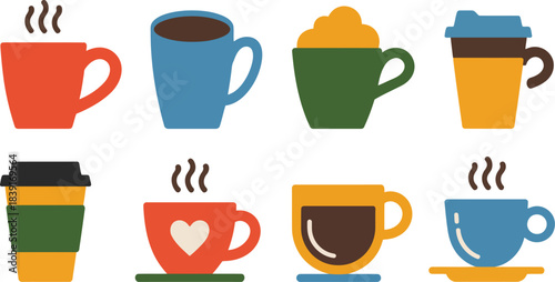 Collection of eight colorful hot beverage cups and coffee to go containers drink