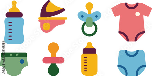 Collection of eight flat design baby items including bottles pacifiers onesie and diaper vector