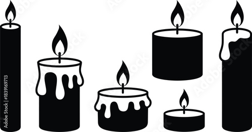 Black and white illustration of five burning candles in various shapes
