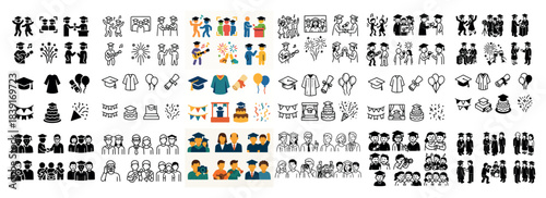 Graduation celebration icons with diverse characters