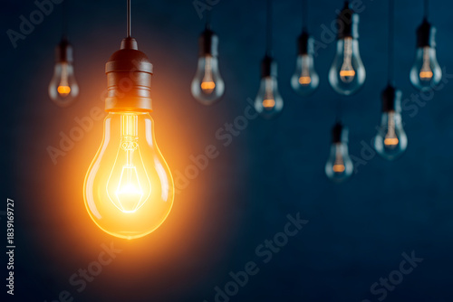 Glowing lightbulb symbolizing creative idea and innovation on dark blue background with multiple bulbs in soft focus for concept and business themes.