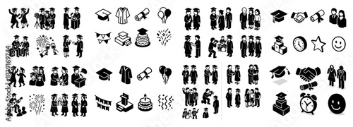 Graduation icons set: students, caps, diplomas, celebrations