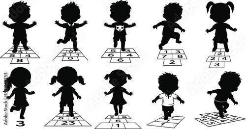 Children playing hopscotch silhouette illustration, number grid game, outdoor activity, physical movement, vector graphic, fun design, art, childhood theme