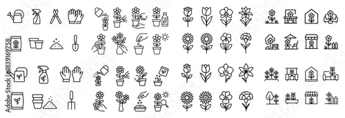 Garden icons set: tools, flowers, plants, shop