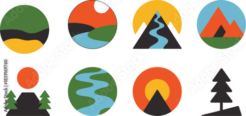 Collection of eight stylized circular and oval nature landscape icons with mountains rivers and trees